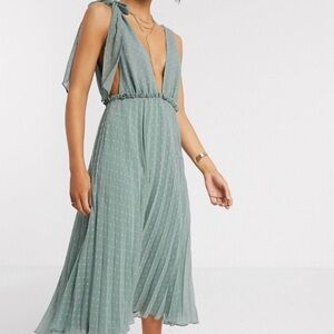 ASOS Design Tie Shoulder Pleated Midi Dress in Sage Green